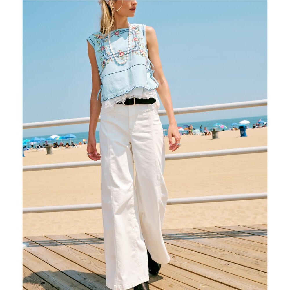 NWT Free People Light Blue Embroidered Square Neck Tank - Picture 7 of 8